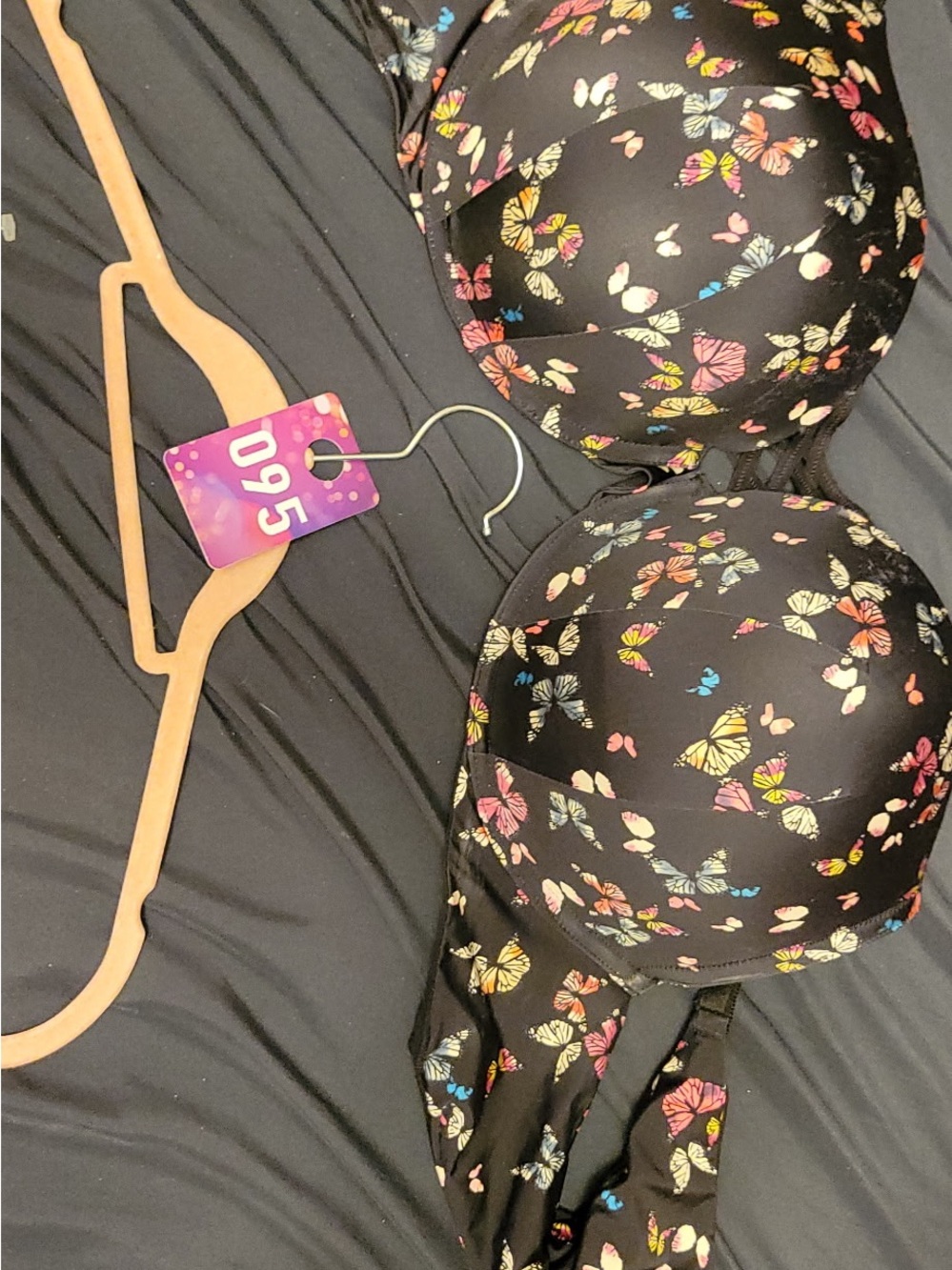 Molded Cup Bra with Multicolor Butterfly Print - Black